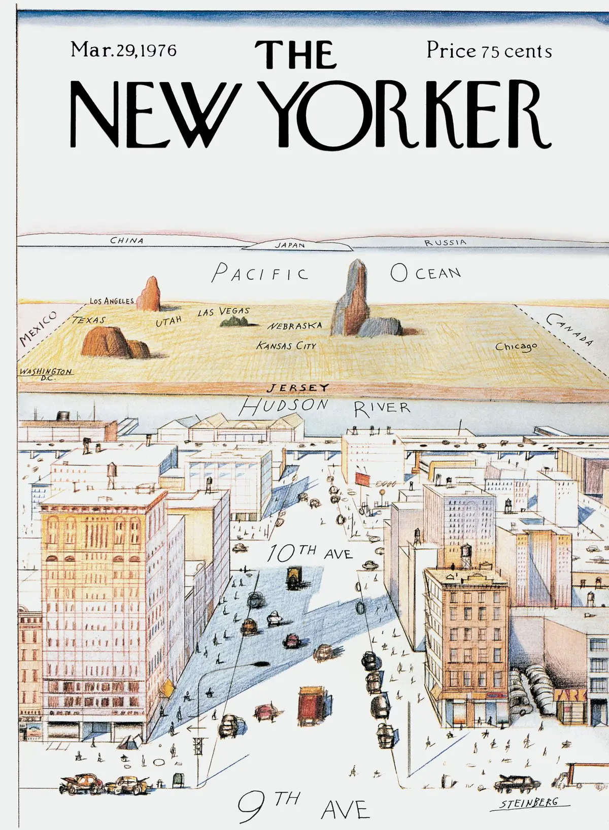Обложка The New Yorker, 29 марта 1976: «Вид на мир с Девятой авеню», художник Сол Стейнберг