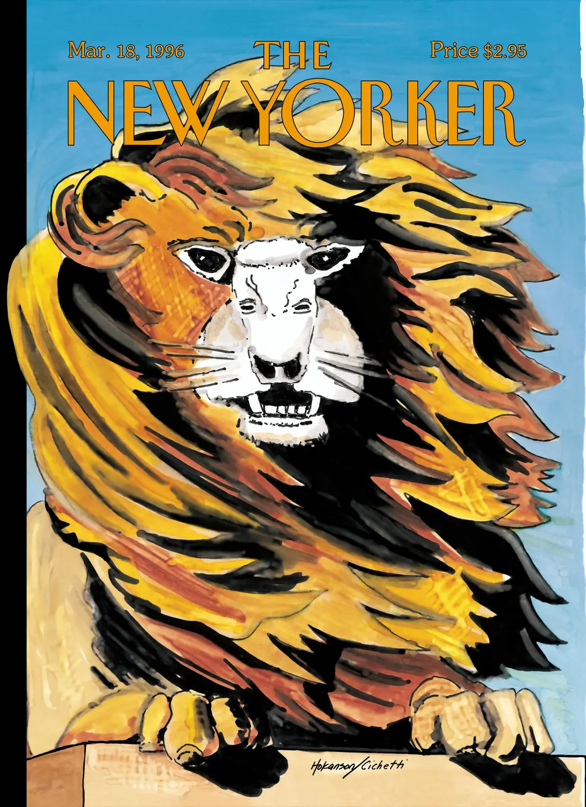 Обложка The New Yorker, 18 марта 1996: Лев и ягнёнок, художник Ларс Хоканссон, Фрэнсис Чикетти