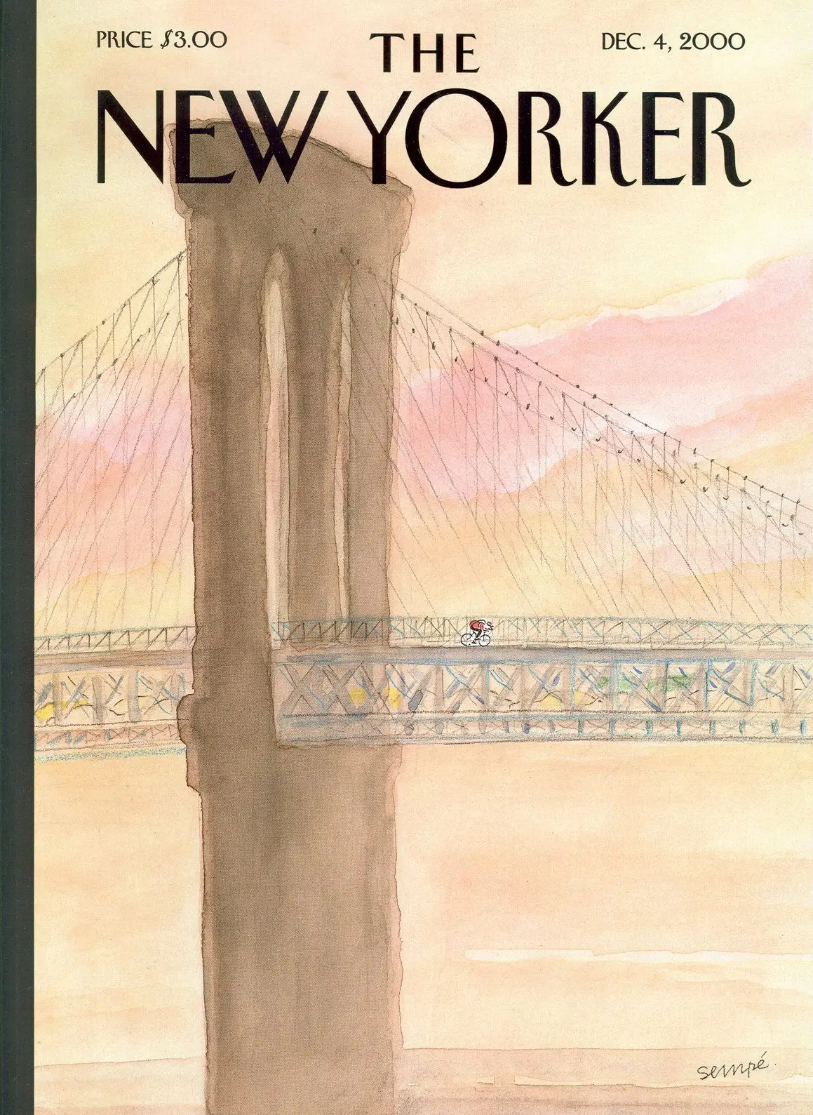 Обложка The New Yorker, 4 декабря 2000: Велосипедист по дороге в Бруклин, художник Жан-Жак Сампе