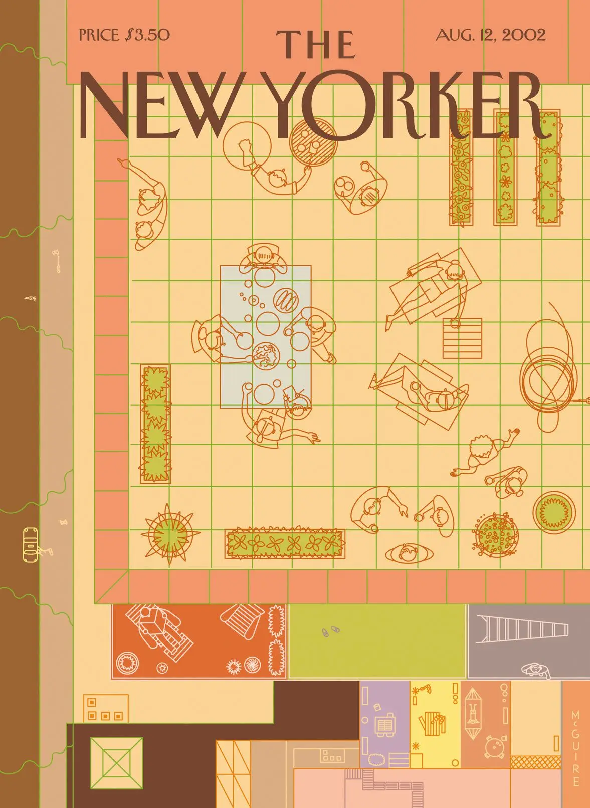 Обложка The New Yorker, 12 августа 2002: Барбекю с высоты птичьего полёта, художник Ричард Макгуайр