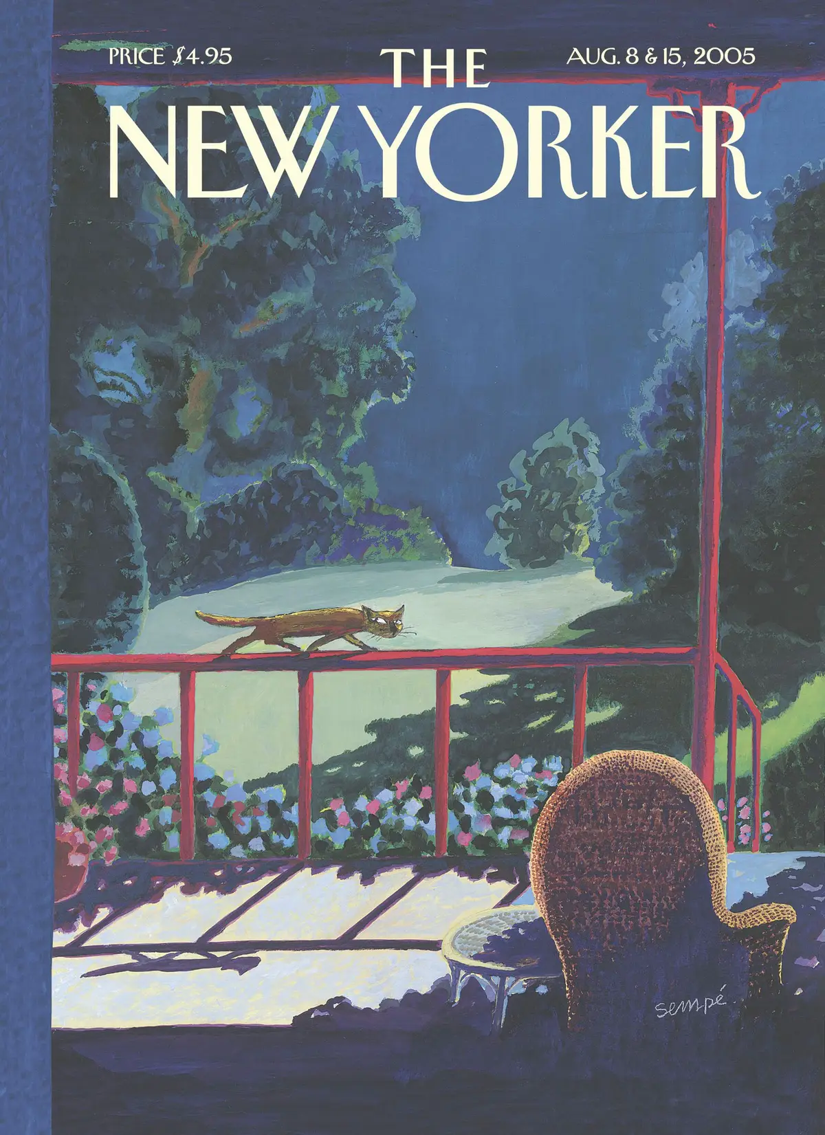 Обложка The New Yorker, 8 августа 2005: Кошачья ночь в городе, художник Жан-Жак Сампе