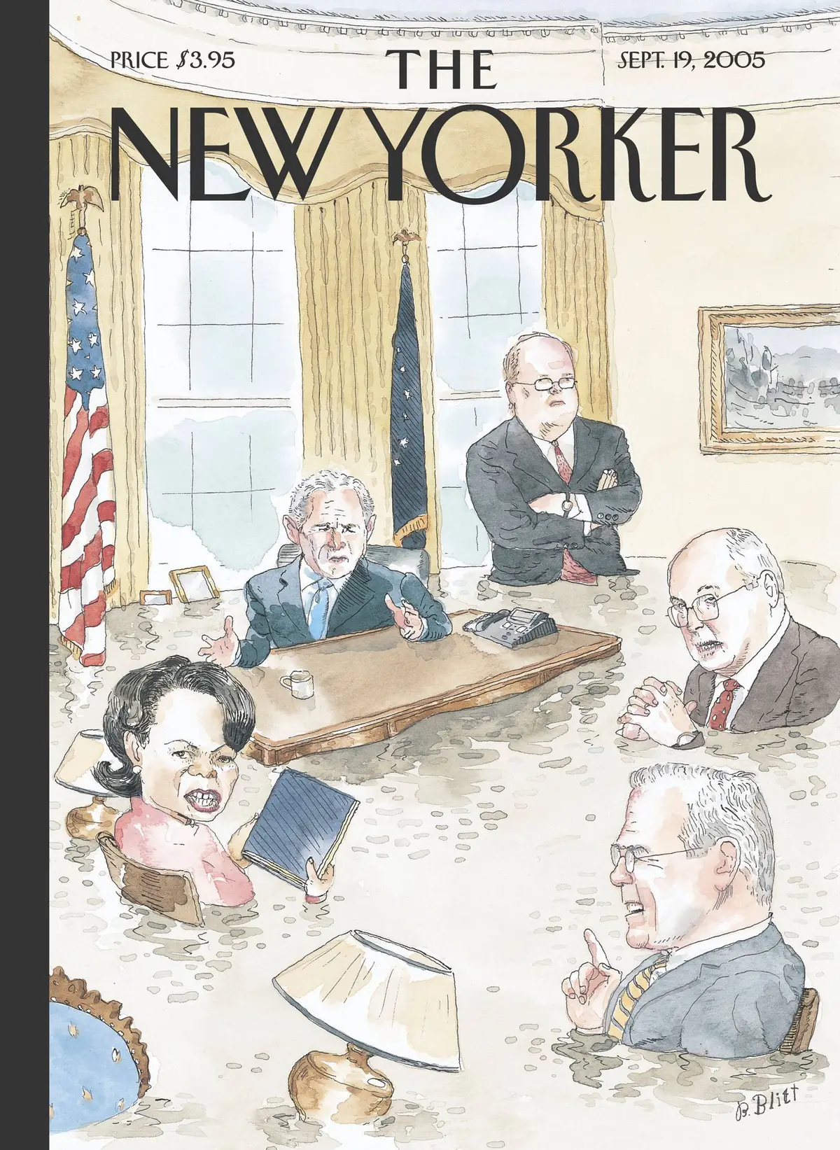 Обложка The New Yorker, 19 сентября 2005: Под ливнем, художник Барри Блитт