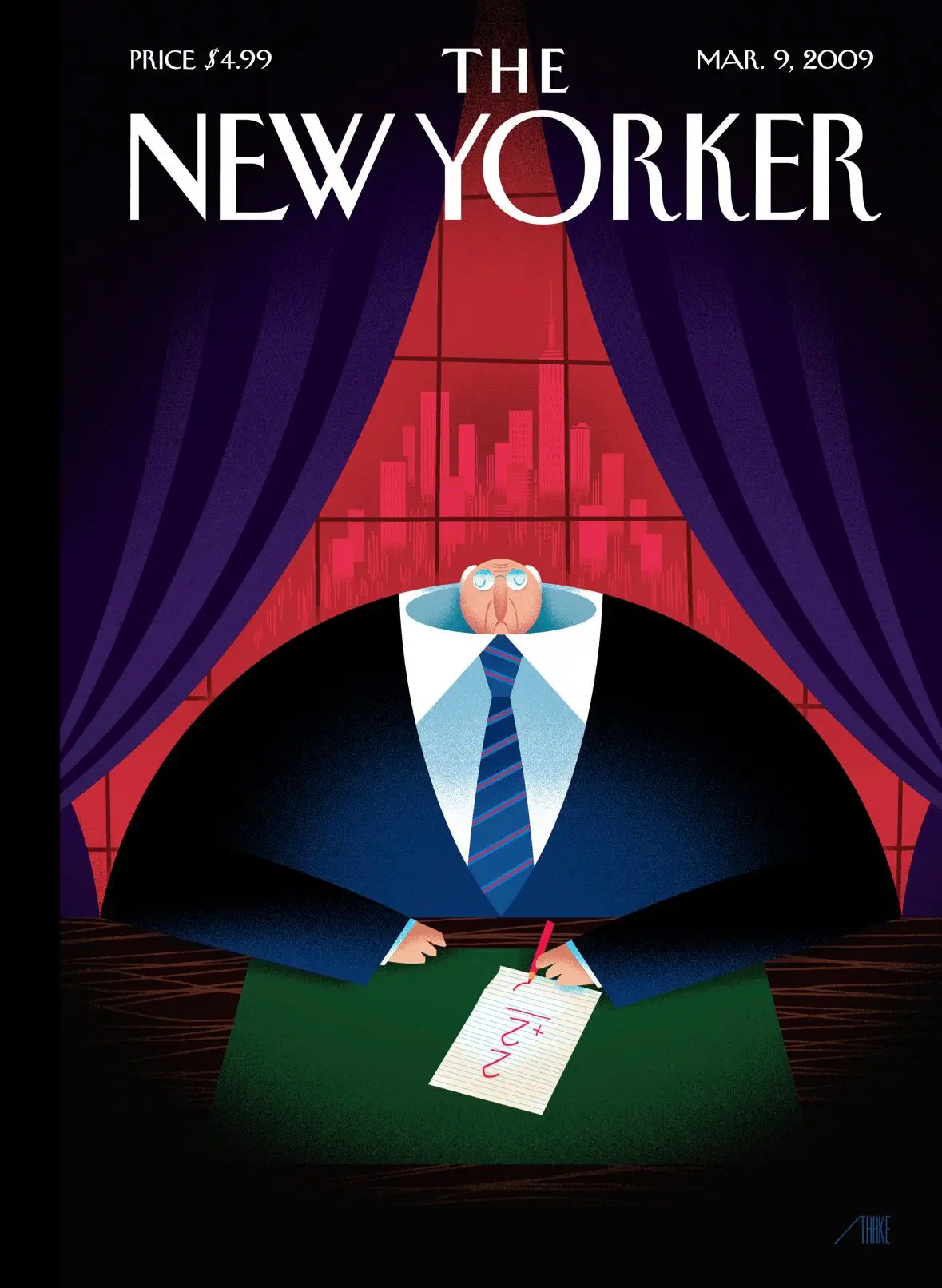 Обложка The New Yorker, 9 марта 2009: Сокращённый, художник Боб Стейк