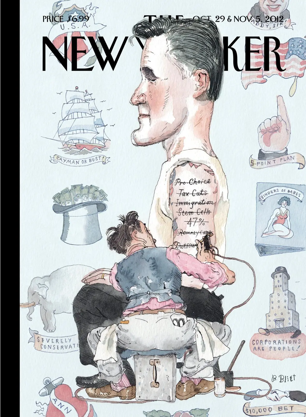 Обложка The New Yorker, 29 октября 2012: Поверхностно, художник Барри Блитт