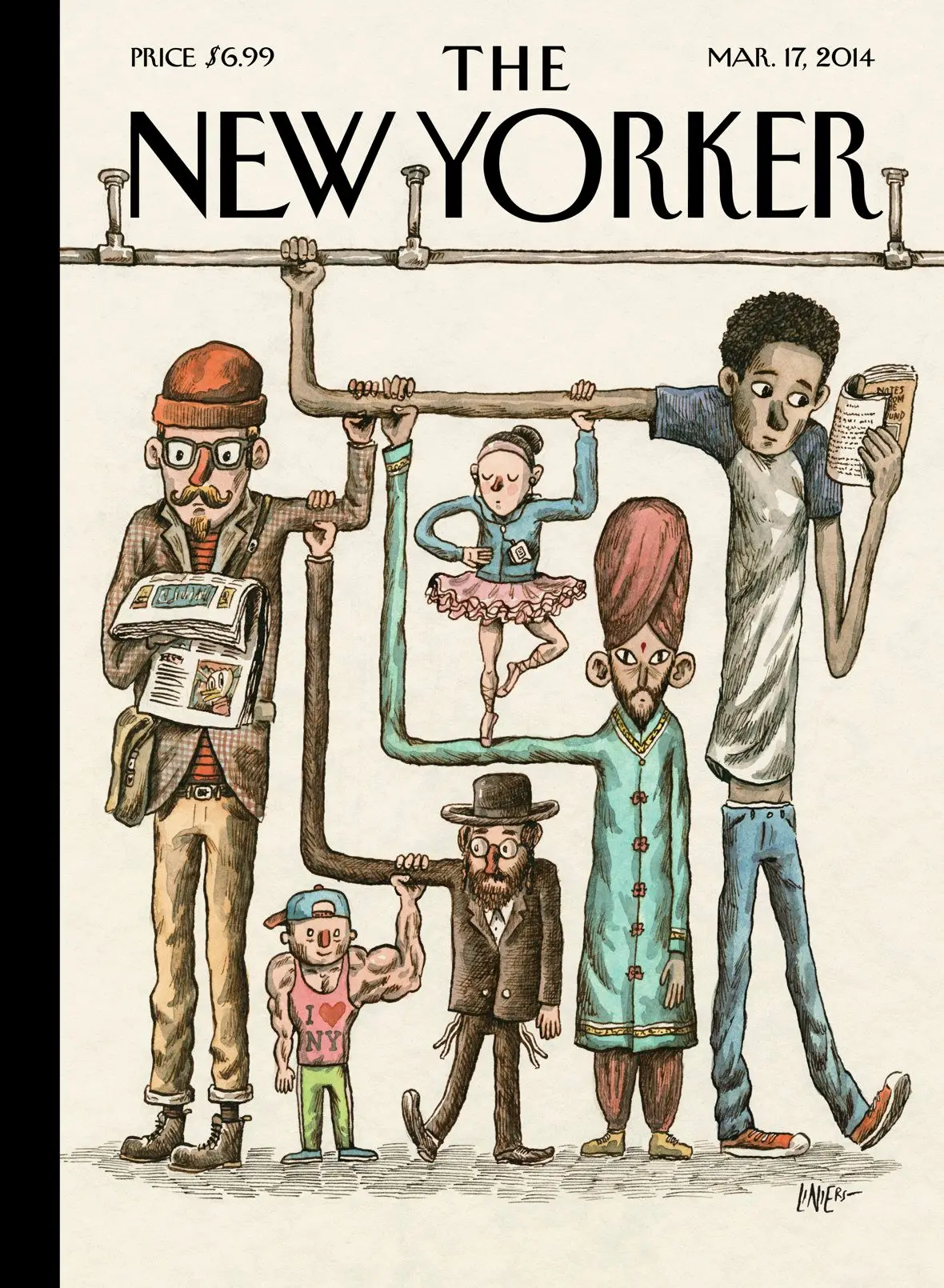 Обложка The New Yorker, 17 марта 2014: Пассажиры в метро, художник Линьерс