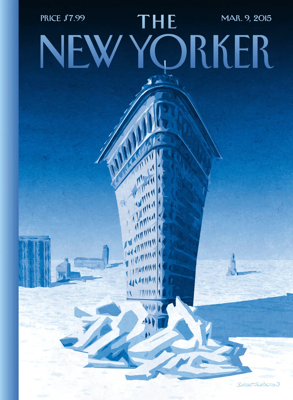 Обложка The New Yorker, 9 марта 2015: Флэтайрон-ледокол, художник Биргит Шёссов