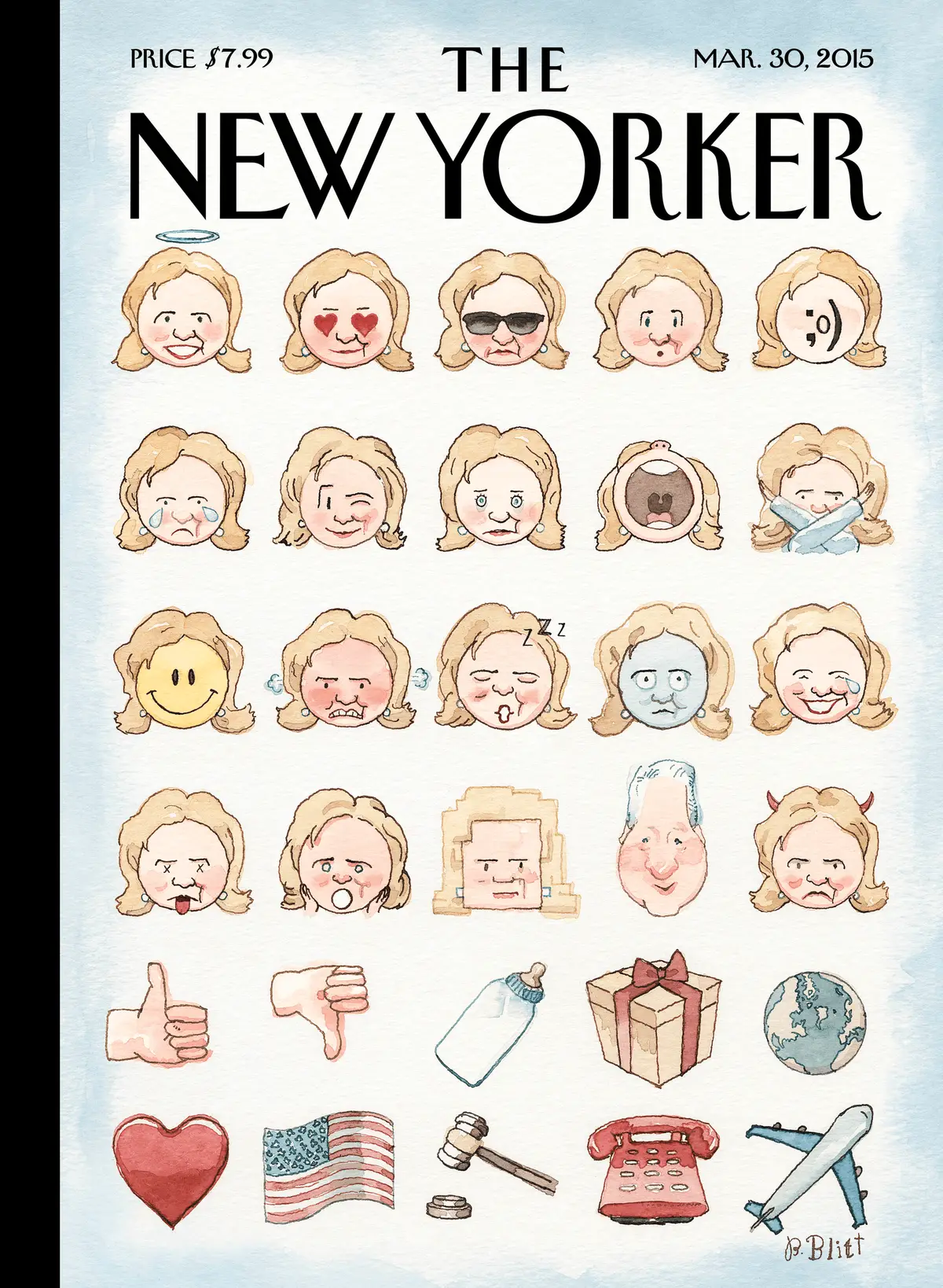 Обложка The New Yorker, 30 марта 2015: Эмодзи Клинтон, художник Барри Блитт