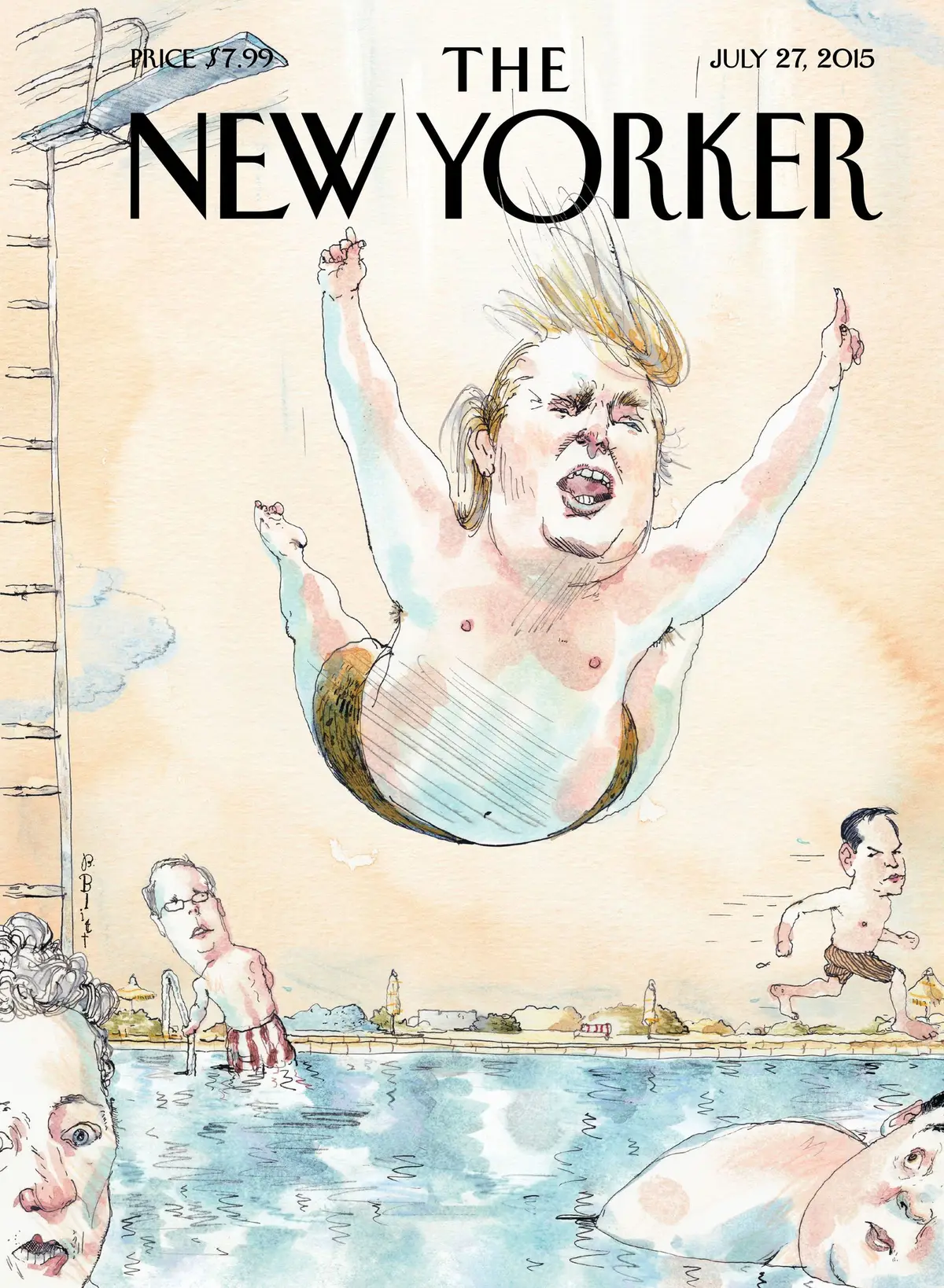 Обложка The New Yorker, 27 июля 2015: Плашмя в воду, художник Барри Блитт