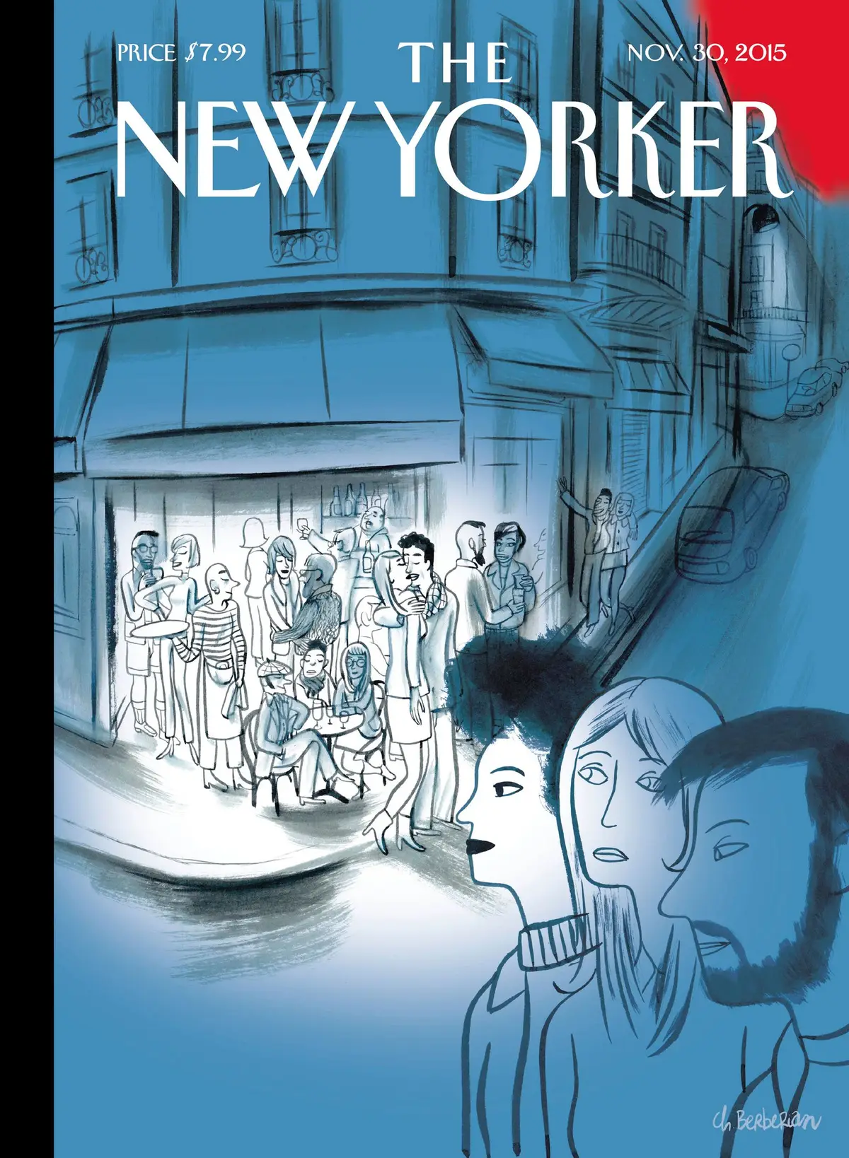 Обложка The New Yorker, 30 ноября 2015: Париж, ноябрь 2015, художник Шарль Берберян