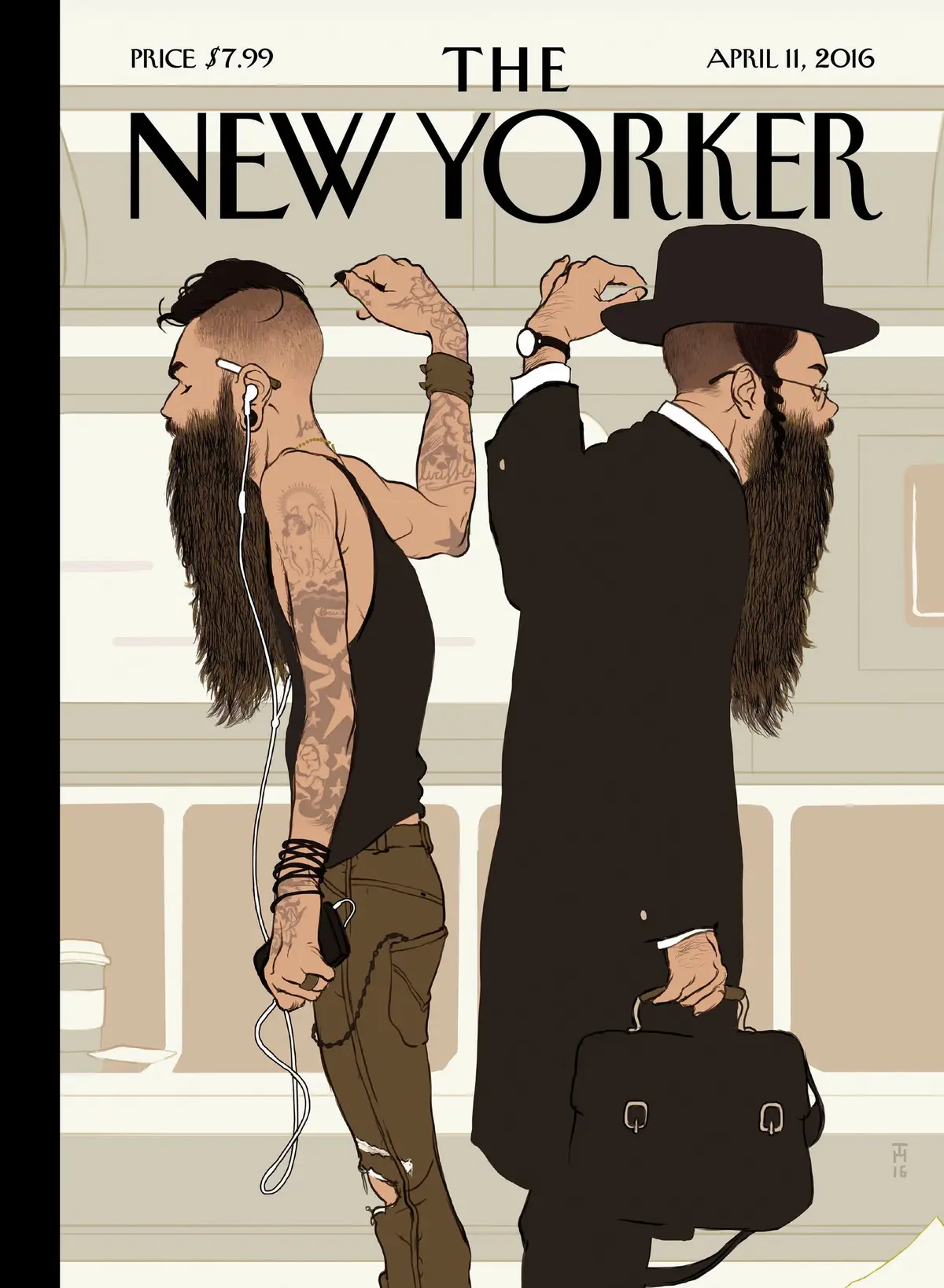 Обложка The New Yorker, 11 апреля 2016: Садитесь на поезд L, художник Томер Ханука