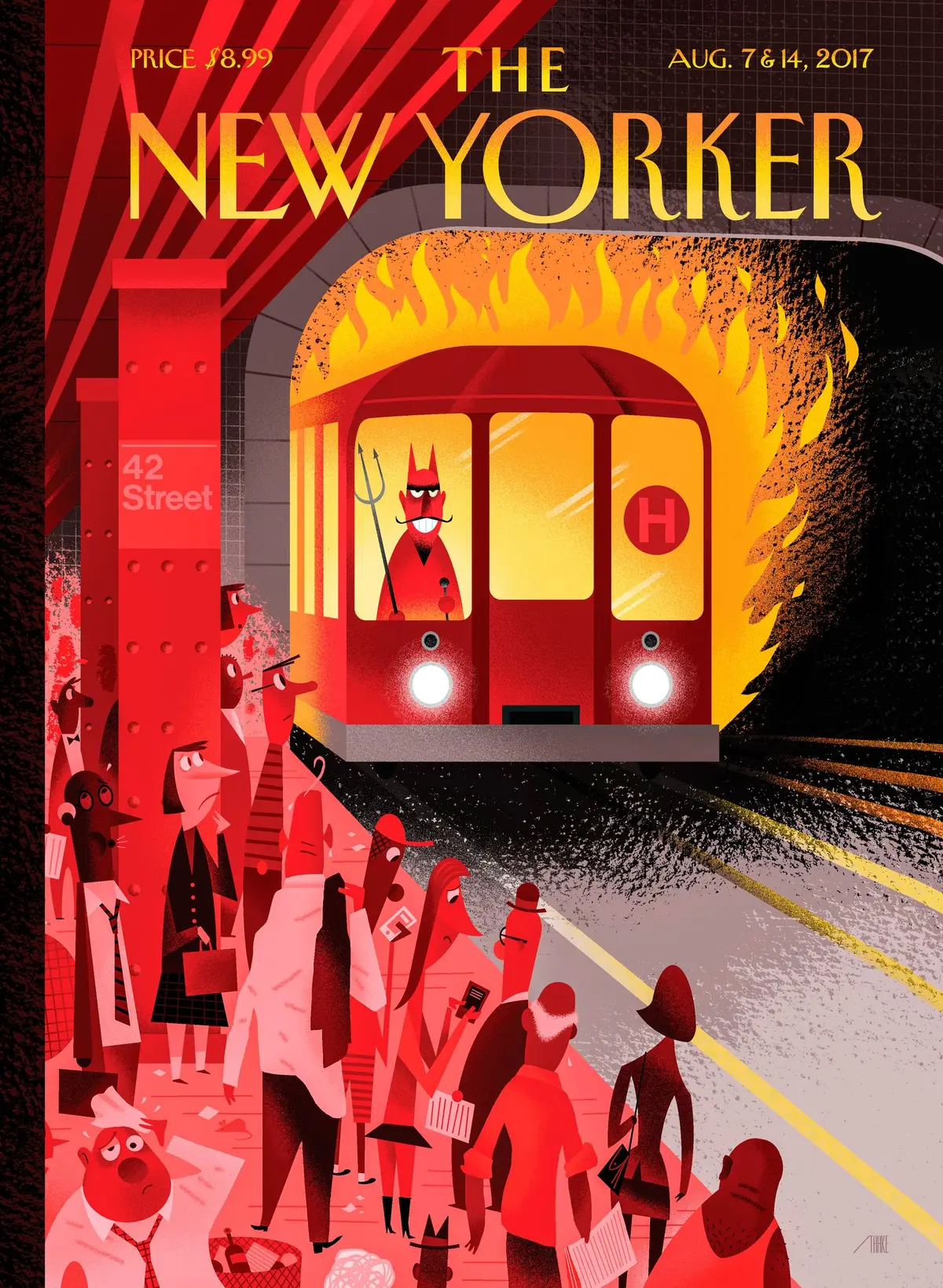 Обложка The New Yorker, 7 августа 2017: Адский поезд, художник Боб Стейк