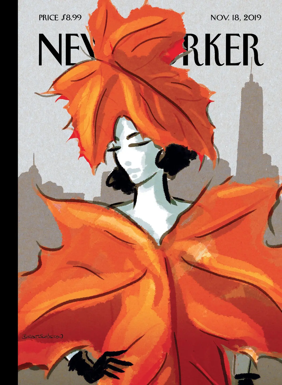 Обложка The New Yorker, 18 ноября 2019: Одеваясь к осени, художник Биргит Шёссов