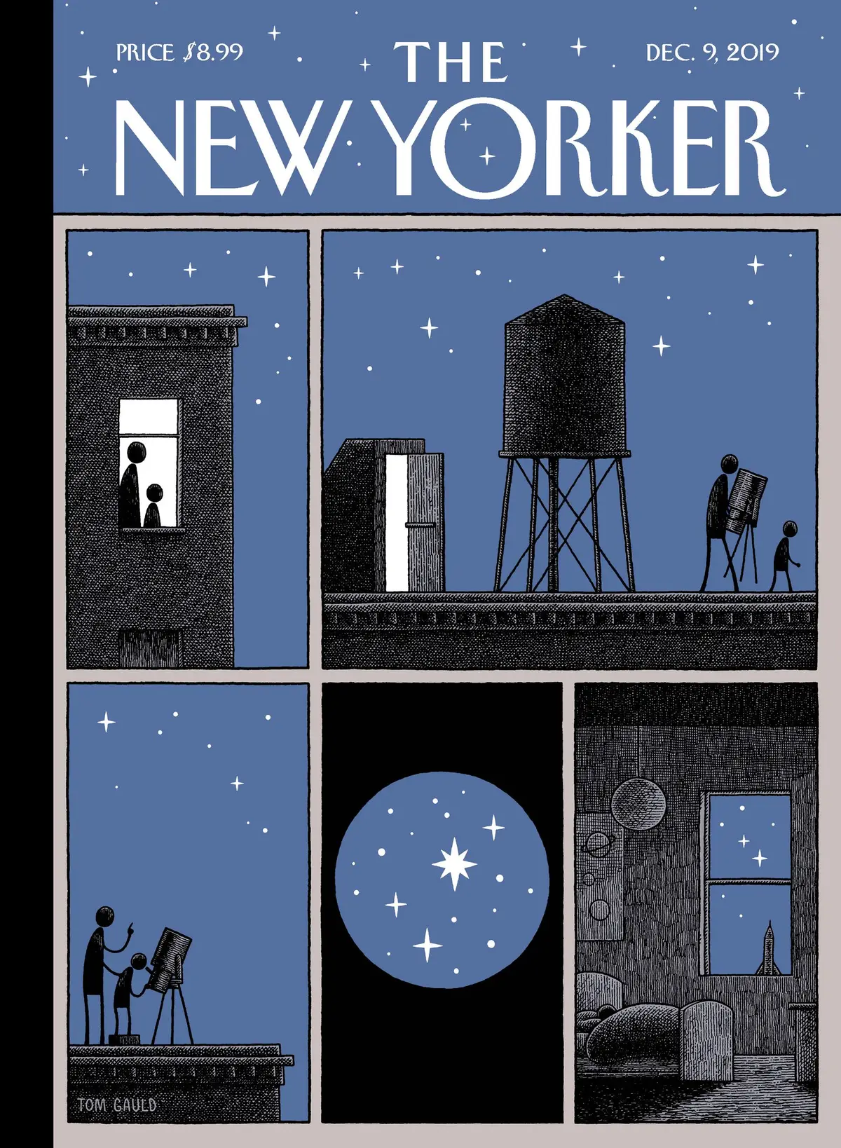 Обложка The New Yorker, 9 декабря 2019: Астрономия на крыше, художник Том Голд