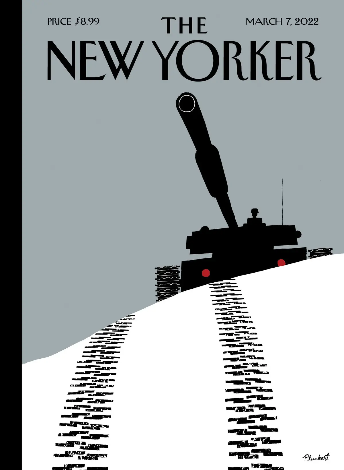 Обложка The New Yorker, 7 марта 2022: Следы Путина, художник Дэвид Планкерт
