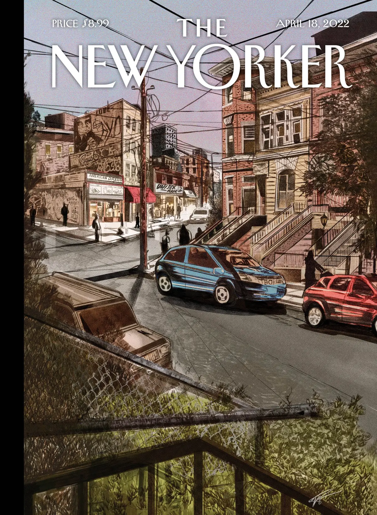 Обложка The New Yorker, 18 апреля 2022: На углу, художник Николь Рифкин