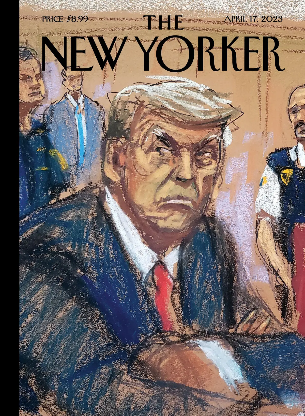 Обложка The New Yorker, 17 апреля 2023: Судебная зарисовка, уголовный суд Манхэттена, художник Джейн Розенберг