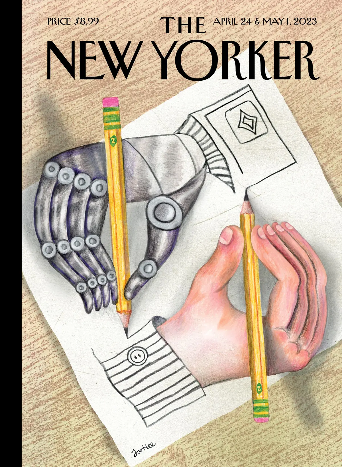 Обложка The New Yorker, 24 апреля 2023: Рисующие руки с ИИ (по мотивам М. К. Эшера), художник Чжухи Юн