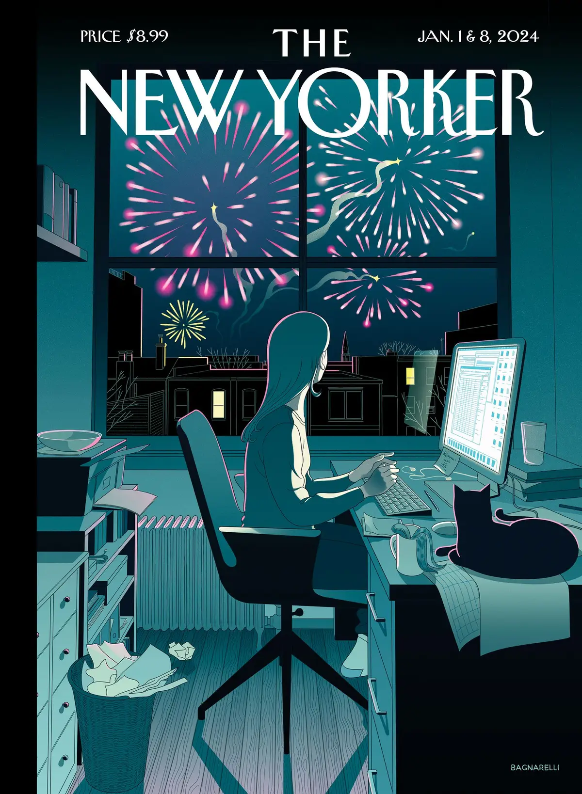 Обложка The New Yorker, 1 января 2024: Дедлайн, художник Бьянка Баньярелли