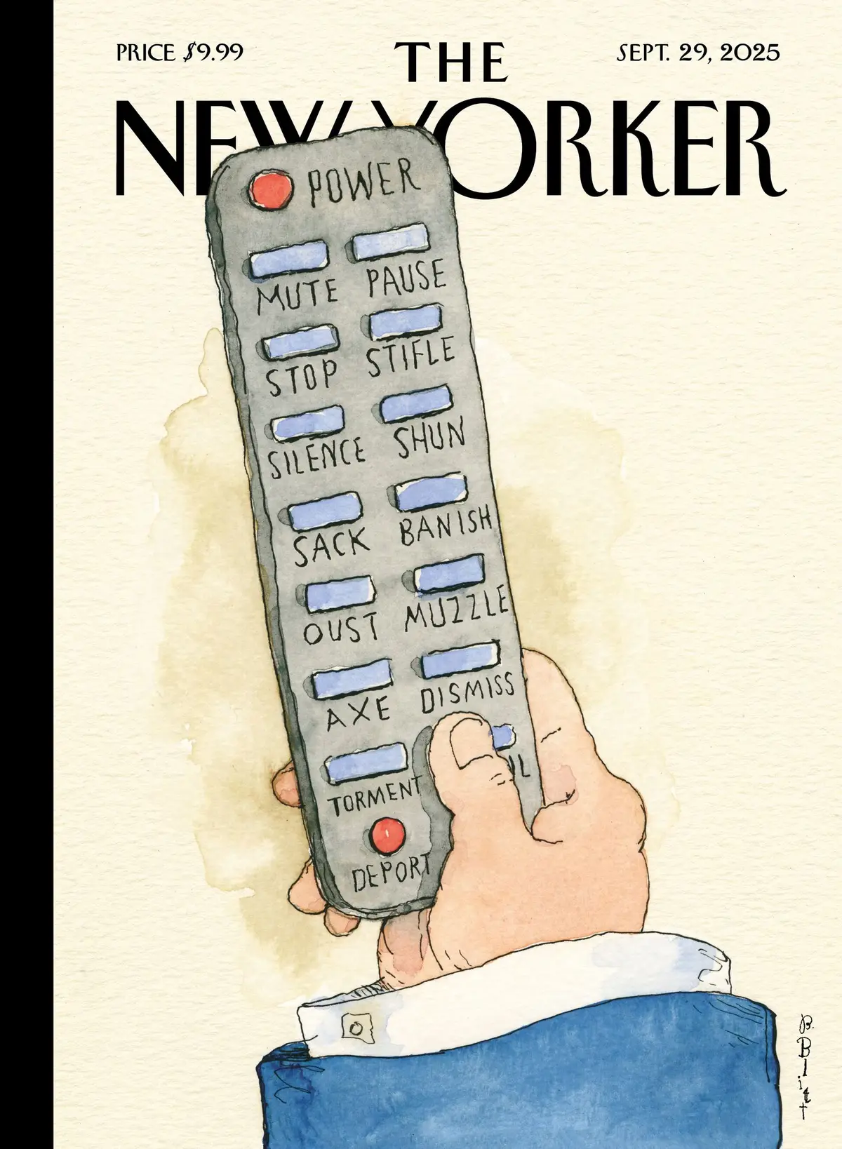 Обложка The New Yorker, 29 сентября 2025: Пульт, художник Барри Блитт