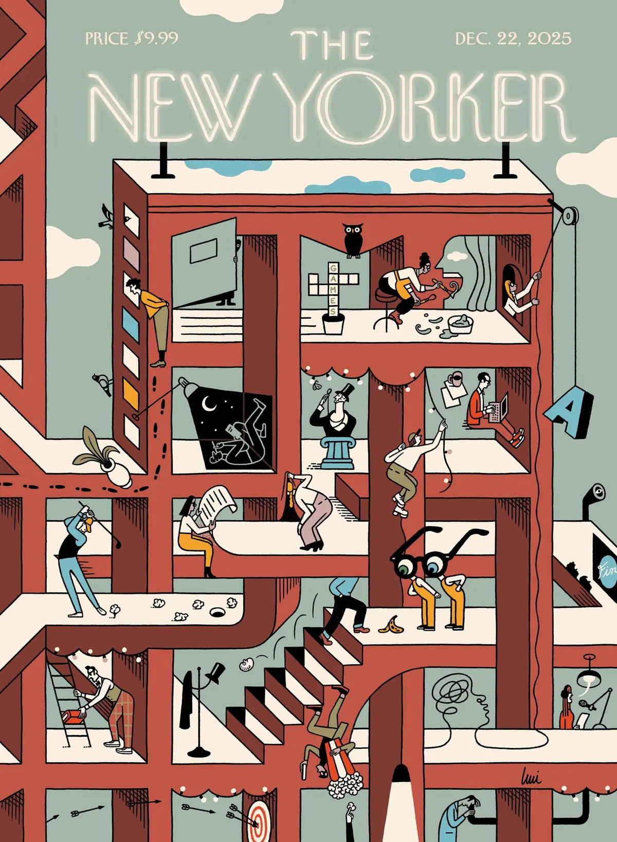 Обложка The New Yorker, 22 декабря 2025: История изнутри, художник Люси Гутьеррес