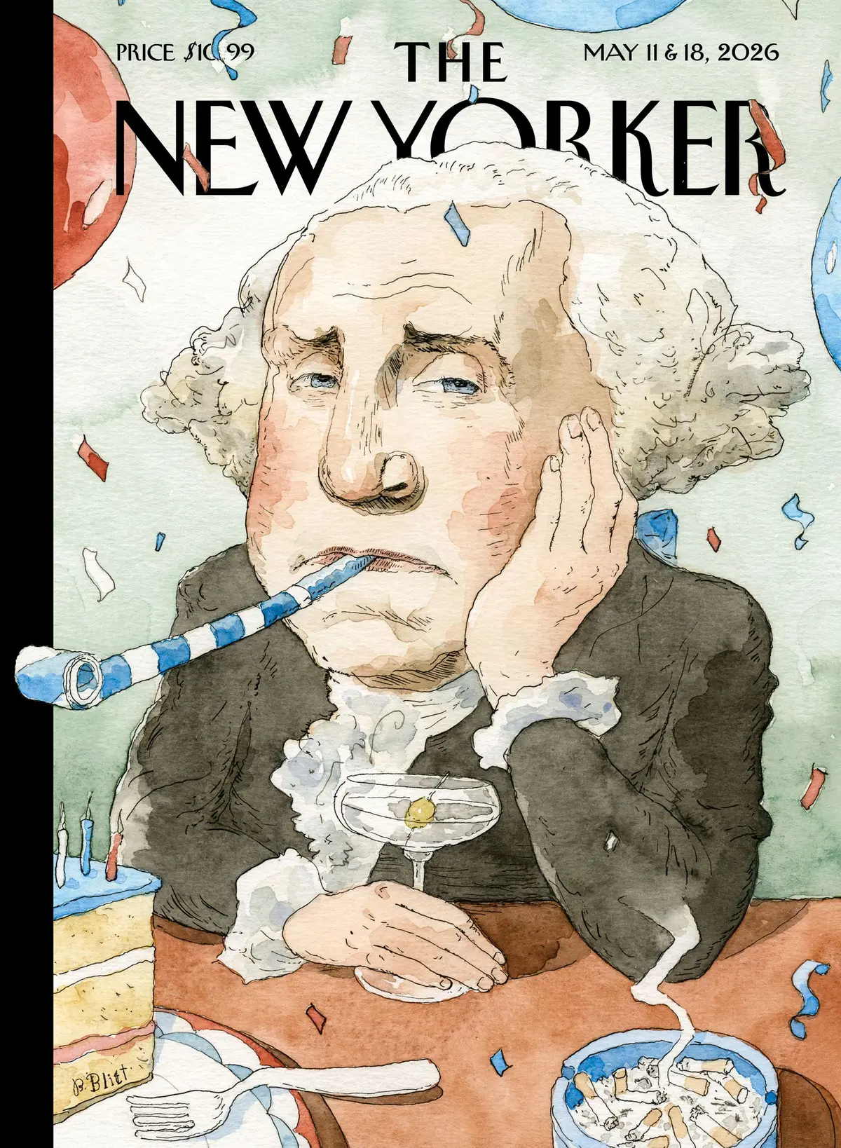 Обложка The New Yorker, 11 мая 2026: Красный, белый и немного грустный, художник Барри Блитт