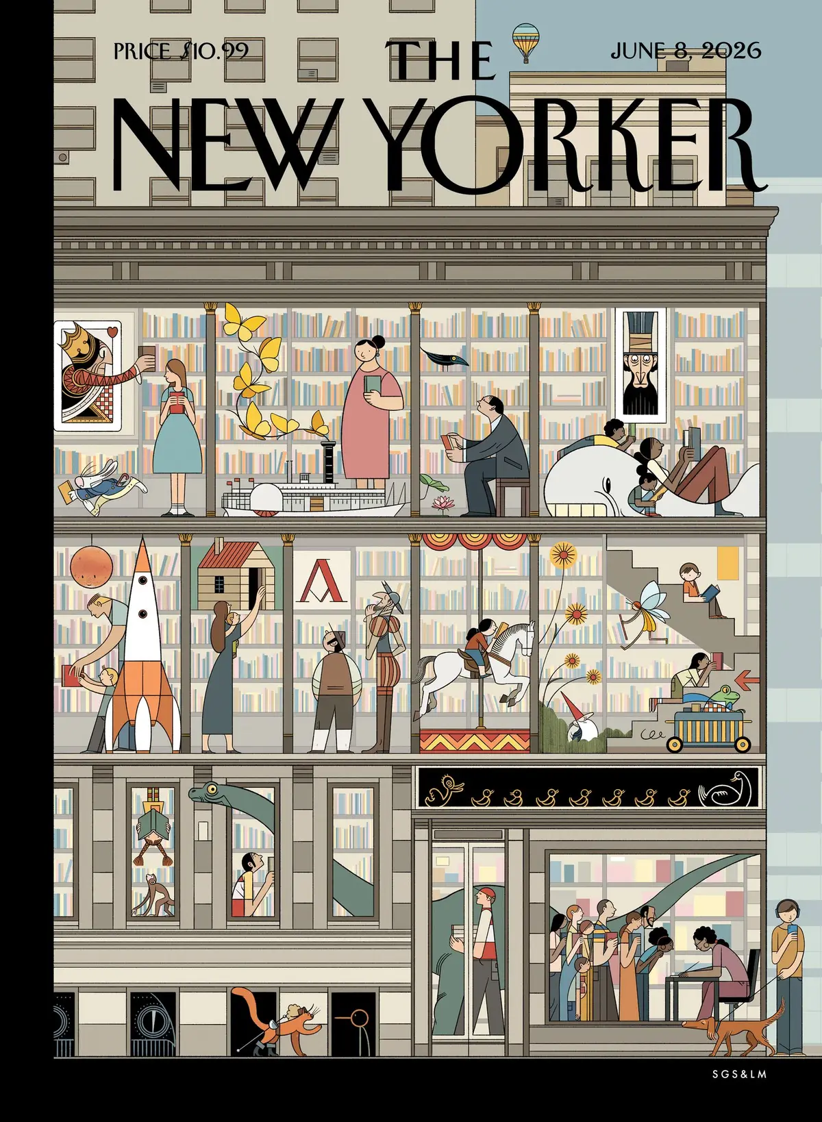Обложка The New Yorker, 8 июня 2026: Тайная жизнь книг, художник Серхио Гарсия Санчес, Лола Мораль